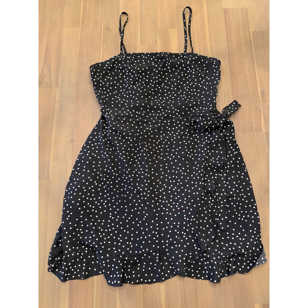 Black White Polka Dot Wrap Mini Dress Ruffle Hem Smocked Back Sleeveless Small